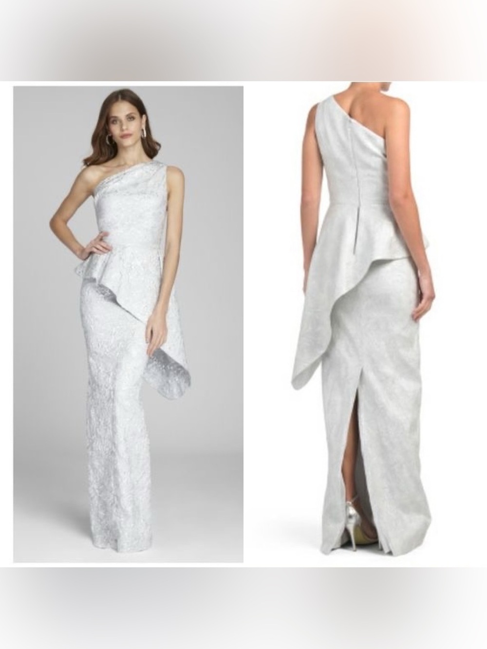 Rickie Freeman for Teri Jon 96016 Silver One Shoulder Peplum Maxi Gown Size 6